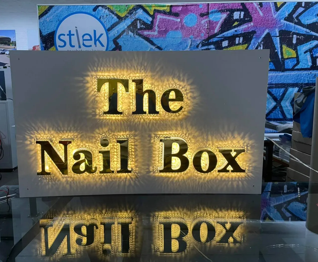 Fabricated lettering — The Nail Box — signage and branding by Stiek Industries