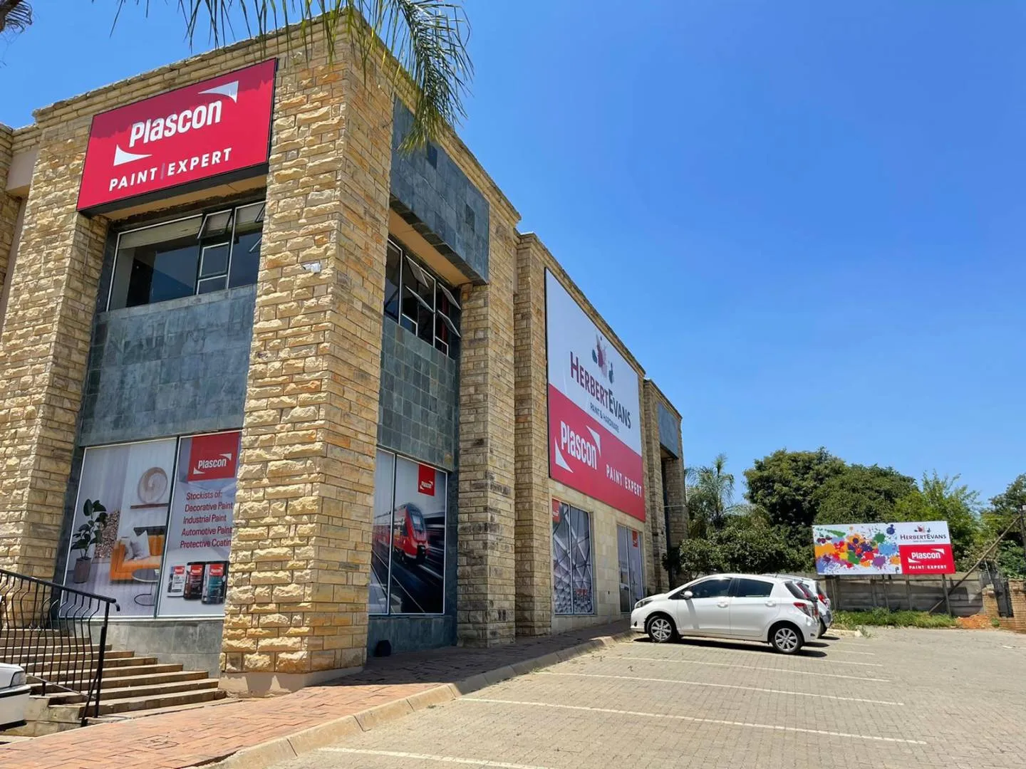 Exterior signage — Plascon at Herbert Evans — signage and branding by Stiek Industries