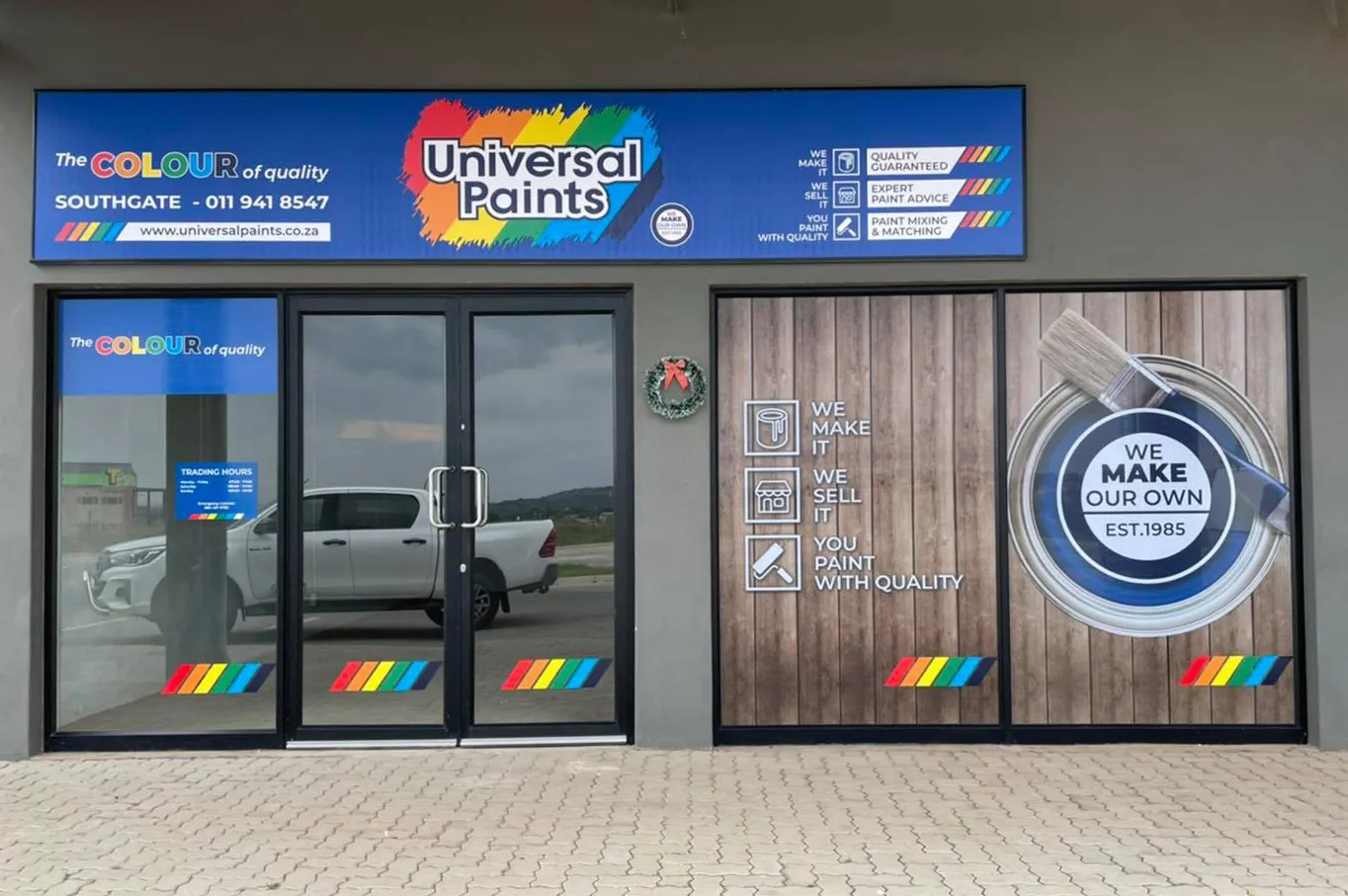 Shopfront graphics — Universal Paints — signage and branding by Stiek Industries