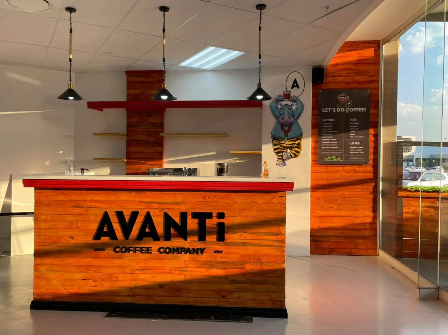 Shop interior branding — Avanti Coffee Company — signage and branding by Stiek Industries